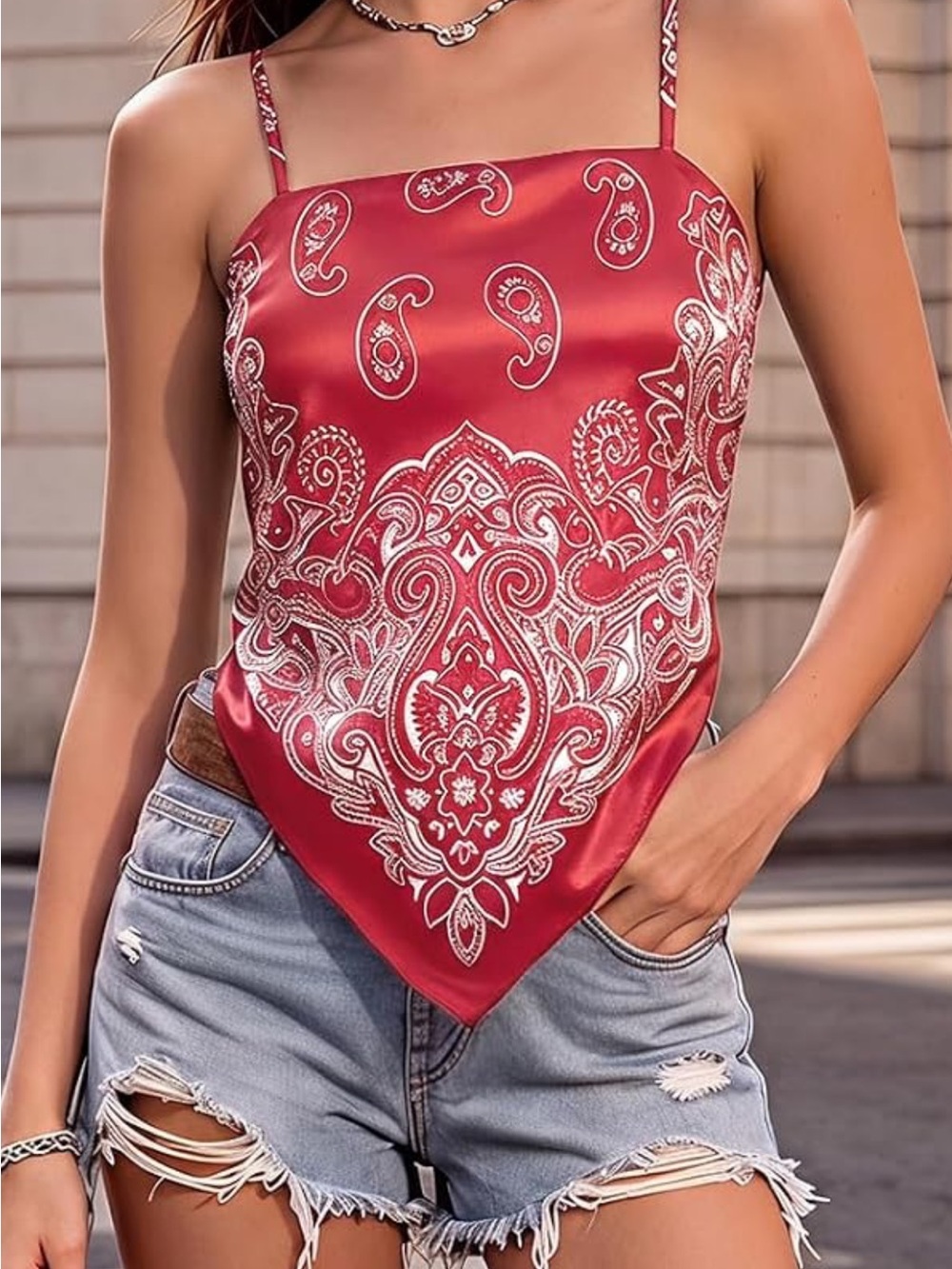 Red Paisley Satin Bandana Cami Top/ blouse